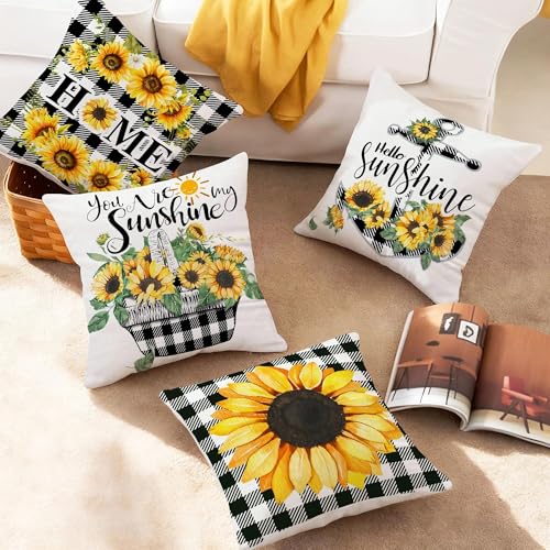 pinata Summer Spring Pillow Covers 18x18 Set of 4, Sunflower Decor Outdoor Pillows Cover, Sunshine Black Plaid for Farmhouse Sofa Couch Indoor Home Throw Case(No Insert)