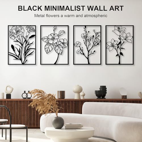 ZNZAPO 4 Pcs Black Metal Flower Wall Art, Abstract Line Art Wall Decor, Minimalist Floral Wall Hanging Art, 3d Wall Art Sculptures Decor for Living Room Bedroom Bathroom (11 × 15.7”)