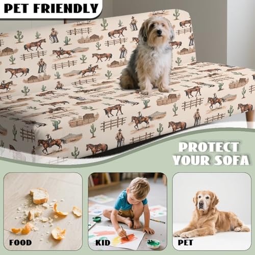 Cowboy Horse Armless Futon Cover Elastic Couch Cushion Cover Removable Futon Sofa Bed Slipcover Adjustable Furniture Protector for Home Living Room Decorations