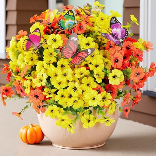 20 Bundles Artificial Flowers for Outdoors‌ and 6 Faux Butterflies | UV Resistant and No Fade, Maintenance-Free, ‌‌Fake Flowers for Garden Patio Porch Home Gifts Festivals Decor, Orange Yellow