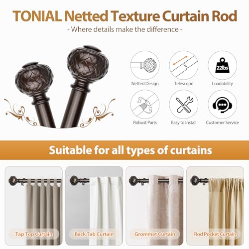 TONIAL Bronze Curtain Rod 32 to 86 Inches, 7/8 Adjustable Curtain Rods for Windows 20 to 82 Inches, Splicing Drapery Rods Heavy duty with Netted Texture Finials