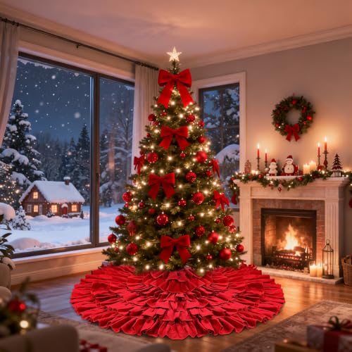 yuboo Large Red Ruffle Tree Skirt 48", Rustic Farmhouse Wedding Decorations, Tiered Fluffy Tree Skirt for Engagement Party & Mother Day Holiday Decor