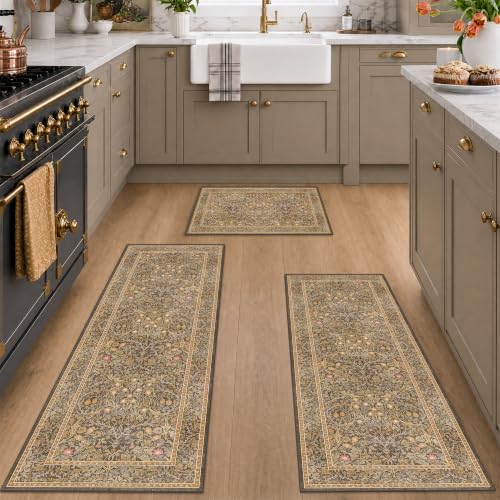 JTJ Taupe Brown Kitchen Rug Set of 3, Washable Non Slip Mats with Runner