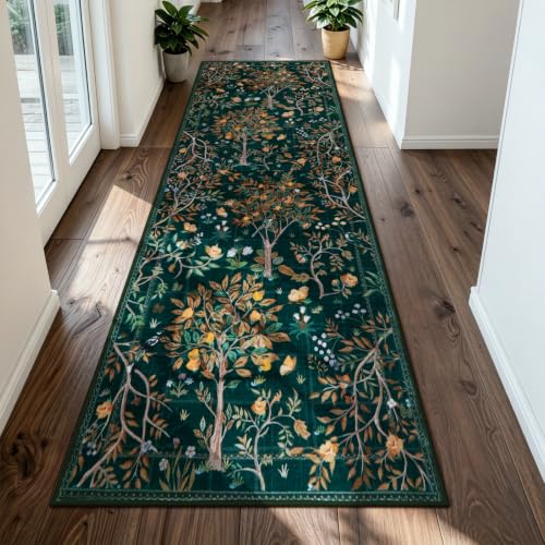 Boho Floral Rug Runners for Hallways Non Slip, Flower 2.5x8 Kitchen Runner Rug Washable, Soft Botanical Indoor Carpet Floor Runner for Entrance Bedroom Bedside, Dark Green