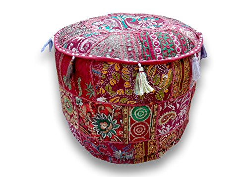 Sophia-Art Indian Embroidered Patchwork Cover Indian Decorative Pouf Indian Comfortable Floor Cotton Cushion Ottoman Pouf,Indian Designs Ethnic Patchwork Pouf (Dark Pink, 18"x13")