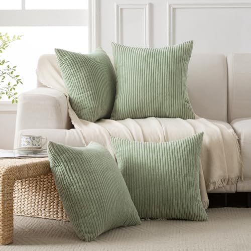 Volcanics Set of 4 Sage Green Corduroy Couch Throw Pillow Covers 18x18 in