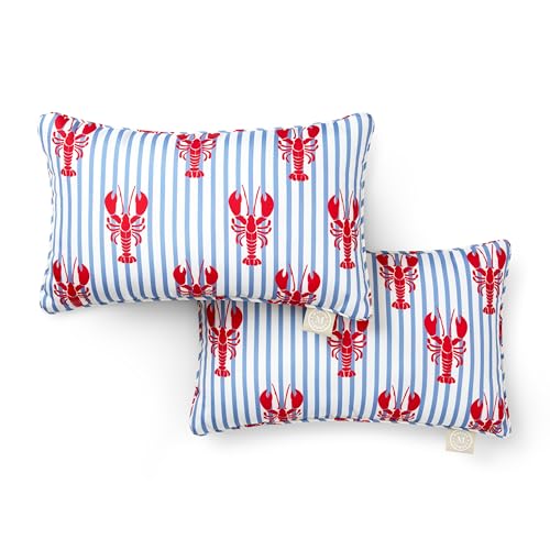 Martha Stewart Americana Stripe Lobster Indoor Outdoor Decorative Pillow 2-Pack Set, UV Fade Resistant, Water Repellent, Printed Coastal Design, Red/Blue, 11"x18"