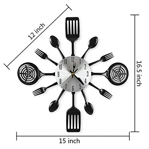 16 Inch Cutlery Kitchen Wall Clock - Silent Non-Ticking, Battery Operated, Fork & Spoon Design for Home, Dining Room Decor, for Mom, Wife, Cooking Lovers