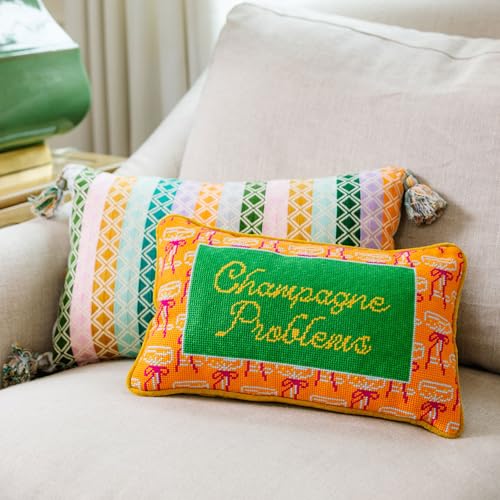 FURBISH Needlepoint Decorative Throw Pillow - Small Embroidered Accent Pillow for Bed, Chair, Couch, Sofa, Eclectic Home Decor, 9" x 15" - Champagne Problems