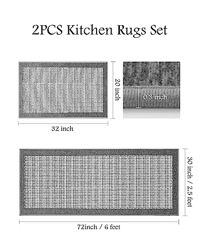 PADOOR Extra Large Kitchen Runner Rugs and Mats 2PCS, 2.5'x6'+20"x32",Grey