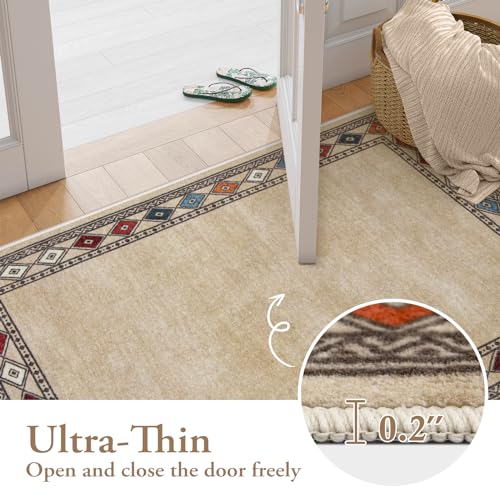 Lahome Modern Bordered Machine Washable Rug, Ultra-Thin Soft 3x5 Rugs for Entryway Bedroom, Non-Slip Stain Resistant Small Carpet for Laundry Entry (3'x 5',Beige)