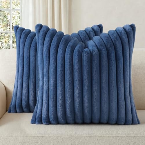 Faux Fur Decorative Throw Pillow Covers 18x18 Set of 2, Navy Blue