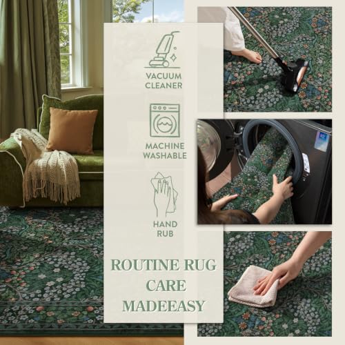 Lahome Dark Green Rugs 5x7, Soft Washable Rugs for Bedroom Reading Corner, Boho Non Slip Low Pile Forest Stain Resistance Floral Carpet for Living Room Office Giverny, Dark Green