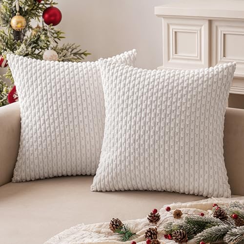 MIULEE Decorative Throw Pillow Covers 18x18 Pure White Textured Corduroy