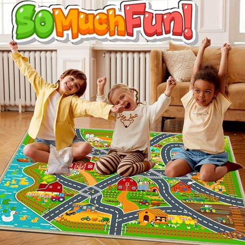 Car Road Rug for Kids Room Farm Play Mat Rugs for Kids Toy and Cars, Educational Area Kid Carpet for Bedroom Playroom Nursery, Non-Slip Activity Floor Playmat Road Traffic Track Carpet 31"x37"