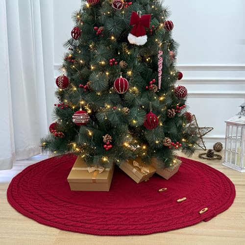 72-Inch Cable Sweater Knit Christmas Tree Skirt with Wooden Toggles, Burgundy