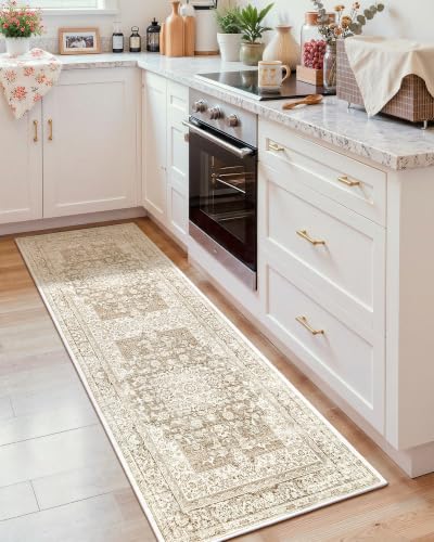 Washable Vintage Area Rug for Kitchen, 2x6 Khaki Runner Rugs