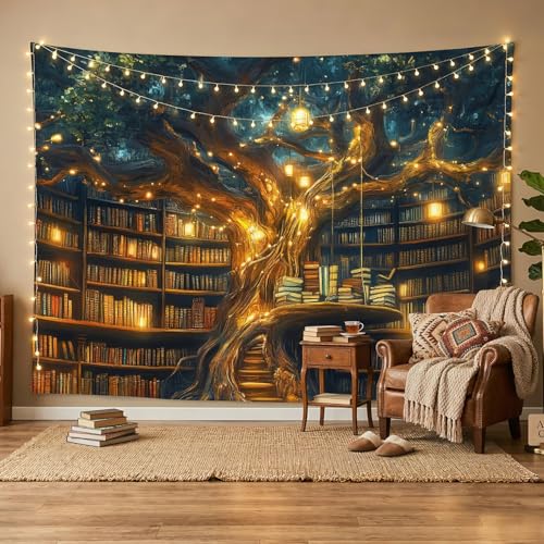 GOAOK Fantasy Library Tapestry For Classroom, Mysterious Tree Magic Bookshelf Aesthetic Tapestries, Witchy Fairytale Tree Vintage Bookshelf Book Art Tapestry Wall Hanging College Room Bedroom, 60"X40"