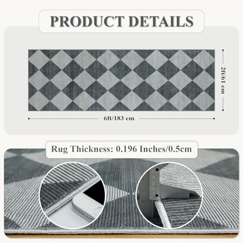 Checkered Print Hallway Rug 2x6, Ultra Thin Kitchen Rug Runner Non Slip Washable Carpet Runners for Hallway 6ft, Modern Diamond Stain Resistant Floor Carpet for Bathroom Bedroom Entryway