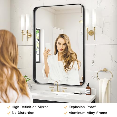 Bathroom Mirror Over Sink - 24x36 Inch Black Rectangle Framed Matte Mirror for Bathroom, Rectangular Alumium Frame Mirrors Wall Mounted for Restroom, Farmhouse, Entryway, Hallway