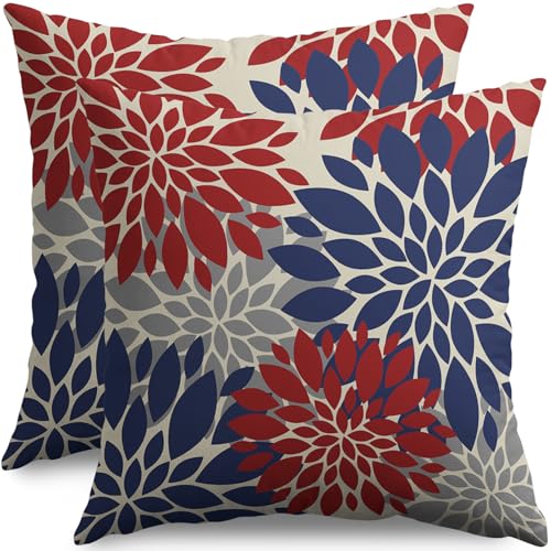 4th of July Pillow Covers 18X18 Inch Set of 2, Patriotic Blue Red Grey Modern Dahlia Floral Print Holiday Decorative Throw Pillow Covers Outdoor Farmhouse Cushion Case for Couch Sofa Bed Decor