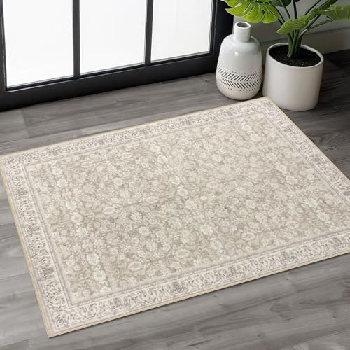 SIILOOM 2x3 Washable Rug Soft Area Rug for Entryway, Cream Beige Yellow White Grey Slip-Resistant Indoor Door Mat Distressed Floral Low-Pile Kitchen Rugs, Neutral Vintage Carpet for Entrance