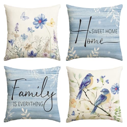 AVOIN colorlife Spring Saying Flowers Butterfly Bird Throw Pillow Covers, 18 x 18 Inch Home Sweet Home Blue Cushion Case for Sofa Couch Set of 4