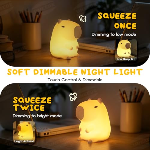 UNEEDE Cute Capybara Night Light, Novelty Animal Silicone Nursery Night Light Rechargeable Table Bedside Lamp with Touch Sensor for Bedroom Living Room Squishy Capybara Stuff Boys Girls Gifts
