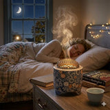Ceramic Holder Electric Incense Burner Blue & White Porcelain Built-in LED Lights Simulate Flames, Classical, Elegant and High-end Top Hollow Design