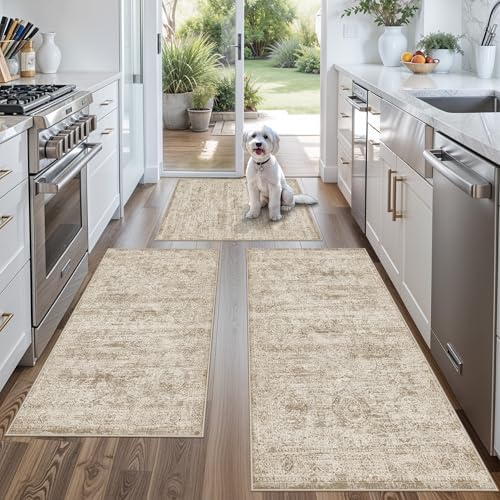 Kitchen Rugs Sets of 3,Washable Non-Slip Kitchen Mats for Hardwood Floor, Boho Farmhouse Kitchen Runner Rug for Sink,Entryway & Hallway & Bathroom (Beige Brown, 2x3+2x4+2x5)