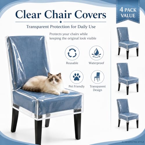 2 Pack Clear Plastic Dining Chair Covers, Waterproof Dining Chair Protectors with Backrest, PE Chair Seat Covers for Kitchen, Dining Room, Kids Messes, Pet Hair, Cat Claws, Fits 21" x 18" Seat