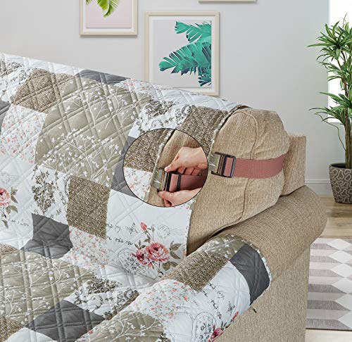 Brilliant Sunshine Pink Rose and Grey Toile Couch Cover, Patchwork Design, Sofa Cover for Dogs, Slip Resistant Furniture Protector with Strap, Washable Slipcover for Kids and Pets (70" seat)