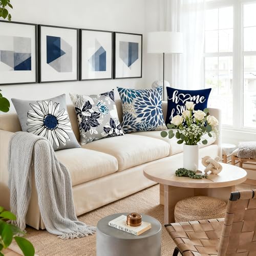 Decorative Throw Pillow Covers Set of 4 Blue Pillow Covers 18x18 inch Throw Pillow Cases Linen Square Pillow Case,Farmhouse Outdoor Modern Boho Pillow Covers for Couch Sofa Living Room