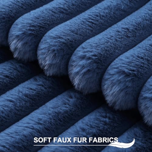 Faux Fur Decorative Throw Pillow Covers 24x24 Set of 2, Navy Blue