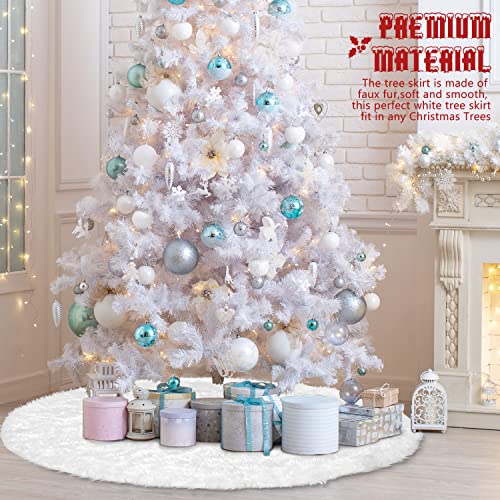 Hommtina Christmas Tree Skirt 48 Inches White Tree Skirt,Christmas Tree Decorations Faux Fur Tree Skirt for Xmas Holiday Home Party Decorations Ornaments(White)