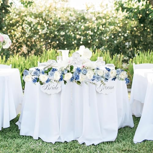 DearHouse 2Pcs Artificial Peony Flower Garland - Silk Peony Garland with Purple White Flowers for Wedding Party Table Decoration,6ft/Strand(White& Blue&Dark Blue)