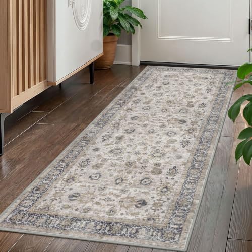 KOZYFLY Vintage 2x5 Washable Rug Runner Grey Floral