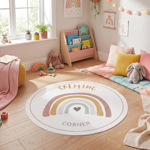 Dunzy Rainbow Boho Mat Classroom Calm Down Corner Rug 30" x 30" Non-Slip Carpets Black Rug for School Living Bedroom Playroom