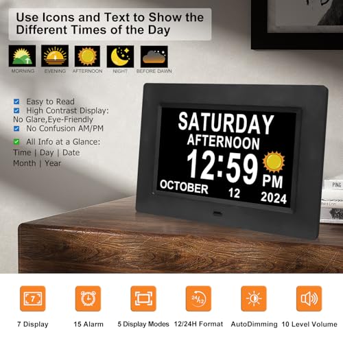 SSINI Digital Calendar Dementia Alarm Clock with Day and Date for Elderly - 15 Alarms 5 Colors Display Large Display Alzheimers Clock Large Digital Clock for Seniors (7in Black)