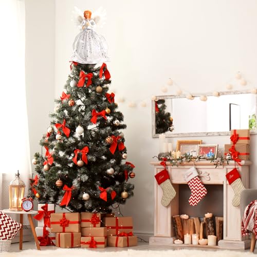 Christmas Angel Tree Topper Lighted - Angel Tree Top with Light and Remote Control Function Christmas Tree Decoration with Feather Wings for Indoor Home Party Holiday Xmas Tree Decoration, Silver