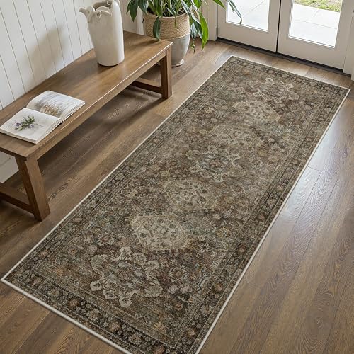 Bavni 2x5 Runner Rug, Non Slip Washable Runner Rug, Vintage Brown Hallway Rug Runner, Ultra Thin Low Pile Carpet Runner for Kitchen Bathroom Entryway Bedroom, Brown