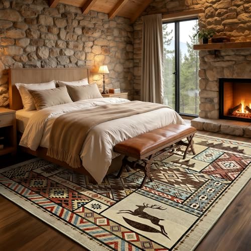 Rustic Cabin Area Rug 6x9,Western Rugs for Living Room Bedroom,Beige