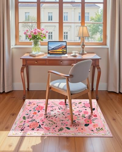 Macgace 2x3 Pink Floral Rug for Entryway, Flowers Printed Washable Small Rugs with Non Slip Backing for Girls Bedroom Kitchen, Cute Throw Carpet Front Door Entry Decor