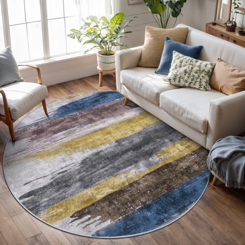 Washable 4ft Round Rug, Modern Abstract Rugs for Living Room Yellow