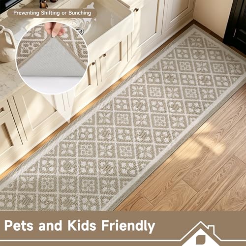 Hallway Runner Rug 2x10 ft,Washable Indoor Beige Entryway Carpet with Non Slip Rubber Backing,Low Pile Heavy Duty Kitchen Floor Mat for Entrance & High Traffic Areas