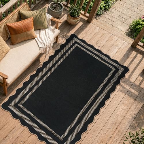 LIVEBOX Scalloped Easy Jute 3x5 Outdoor Rug, Black Washable Rugs for Entryway Kitchen, Indoor Outdoor Farmhouse Neutral Rug Modern Carpet Door Mat Area Rug for Patio Bedroom Living Room Porch Entry