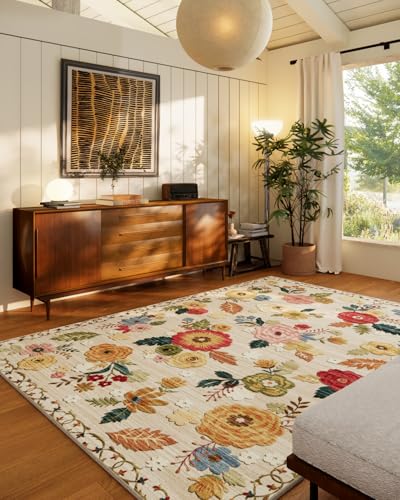 5x7 Area Rugs for Living Room: Machine Washable Rug for Bedroom Non Slip Low Pile Soft Faux Wool Non Shedding Distressed Vintage Floral Carpet for Dining Room Kitchen Entryway Farmhouse Office Indoor
