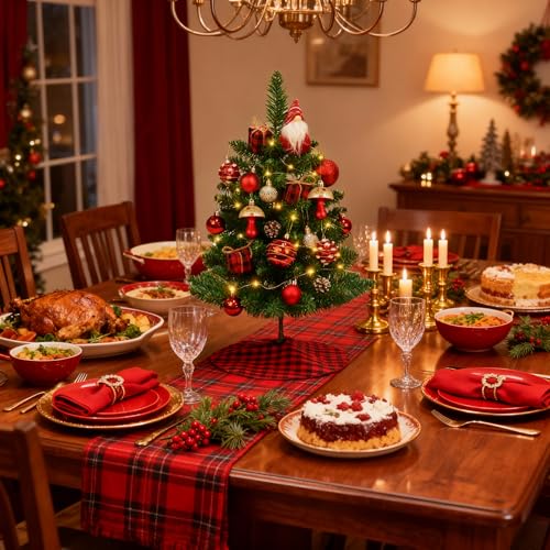 Mini Small Christmas Tree with Lights, 2ft Artificial Small Table Top Christmas Tree with Gnome, Ball Ornaments and Buffalo Plaid Tree Skirt, 24 Pcs DIY Xmas Trees Decor for Toddler, Kids