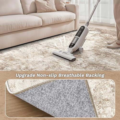 Area Rug Living Room - 5X7 Abstract Washable Large Soft Foldable Non Slip Rug Neutral Modern Low Pile Carpet for Bedroom Nursery Dining Room Kitchen Home Office Indoor - Brown