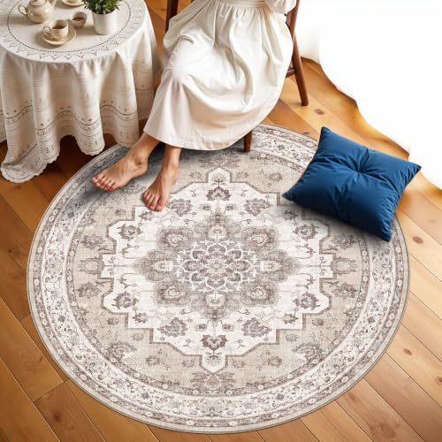 6ft Washable Kitchen Round Rug: Non-Slip Circle Area Rug for Living Room Dining Room Under Table Low Pile Soft Circular Carpet Water Resistant Durable Mat for Newlywed Cozy Home Decor(6ft-Round,Beige)